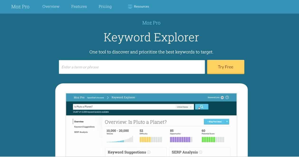Tanto quanto o Google planejador de palavras, o Keyword Explorer lhe ajuda a planejar as palavras-chave