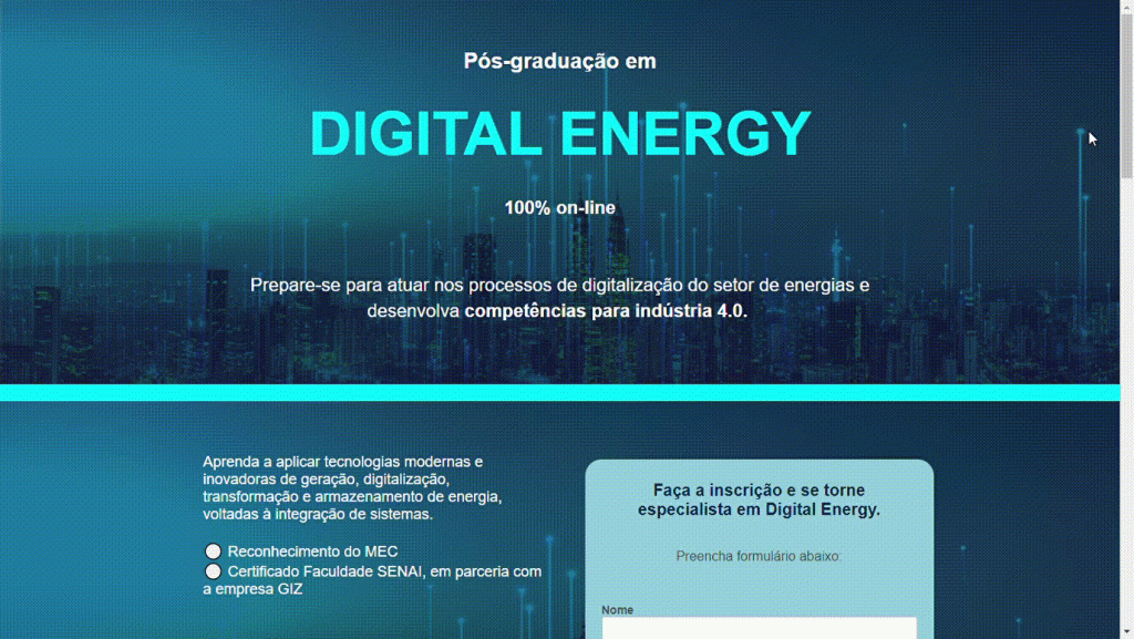 landing page criada para promover pós-graduação em digital energy