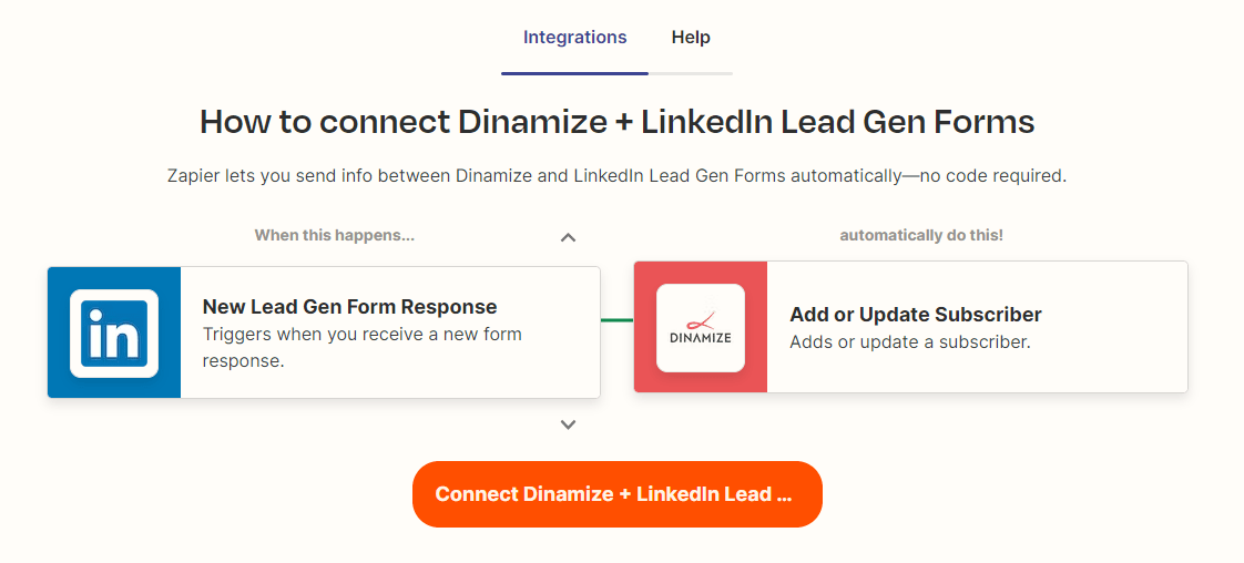Exemplo de integração entre LinkedIn e Dinamize, onde um novo contato gerado via Lead Gen Form é enviado para a plataforma de automação de marketing.